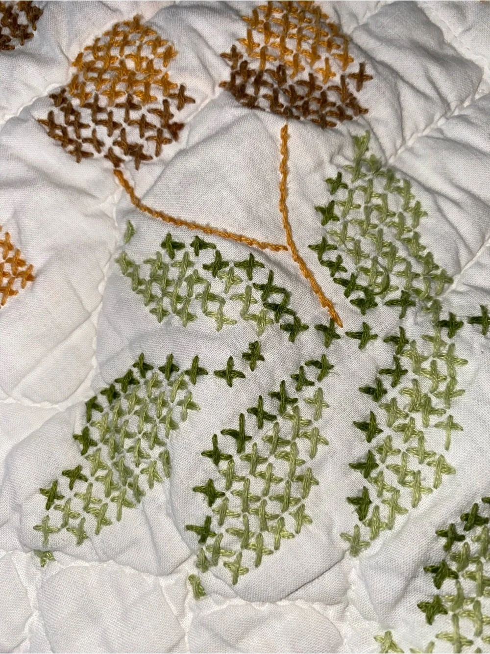Hand-Quilted Floral Vine Quilt in Cream and Green Vintage 1960s